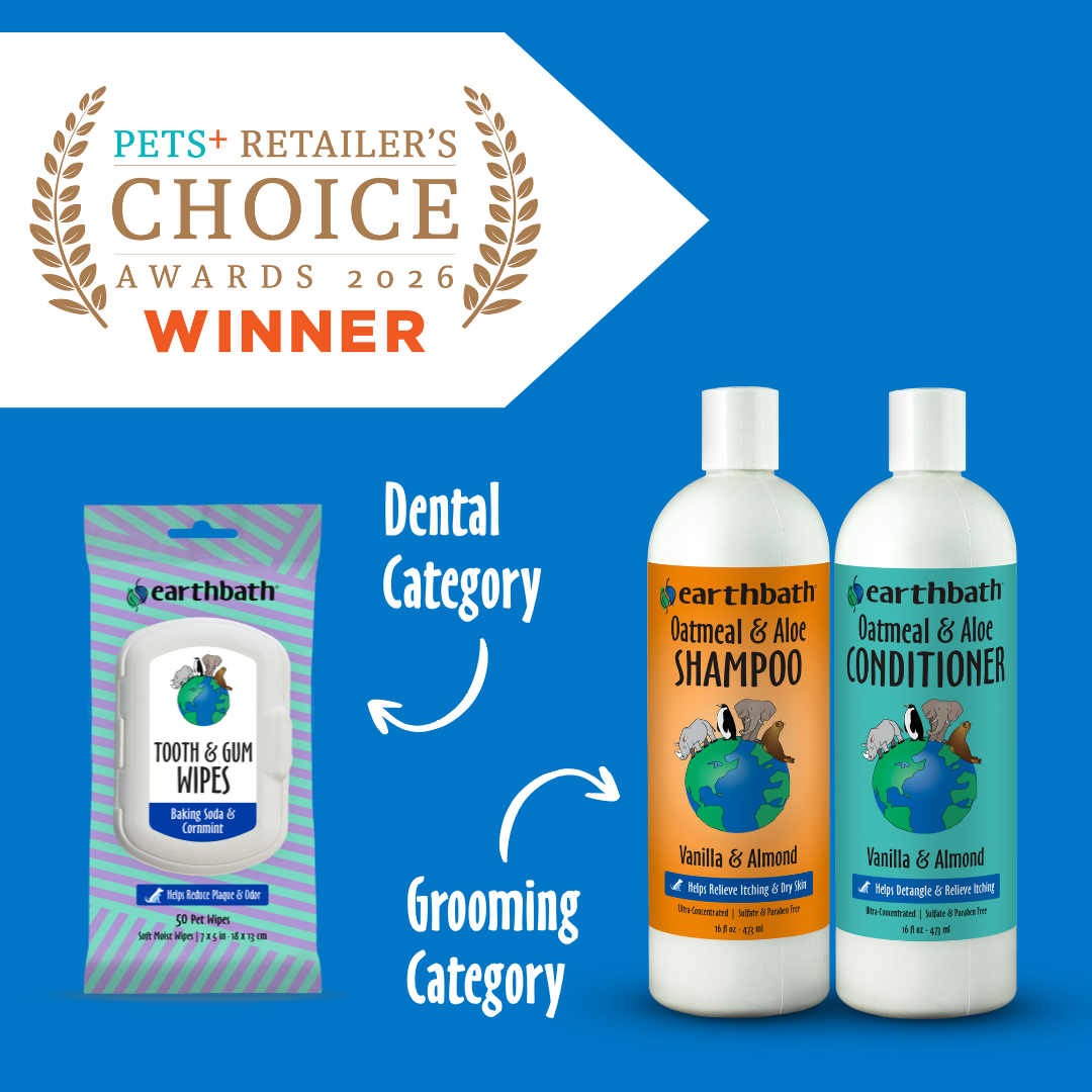 winner choice logo, tooth & gum wipes, Oat & Aloe shampoo bottles on blue background