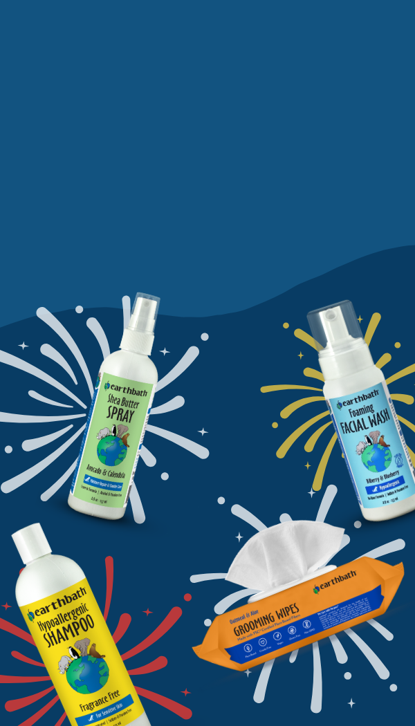 Grooming products including shampoo, facial wash, and wipes on a blue background with white and yellow accents.