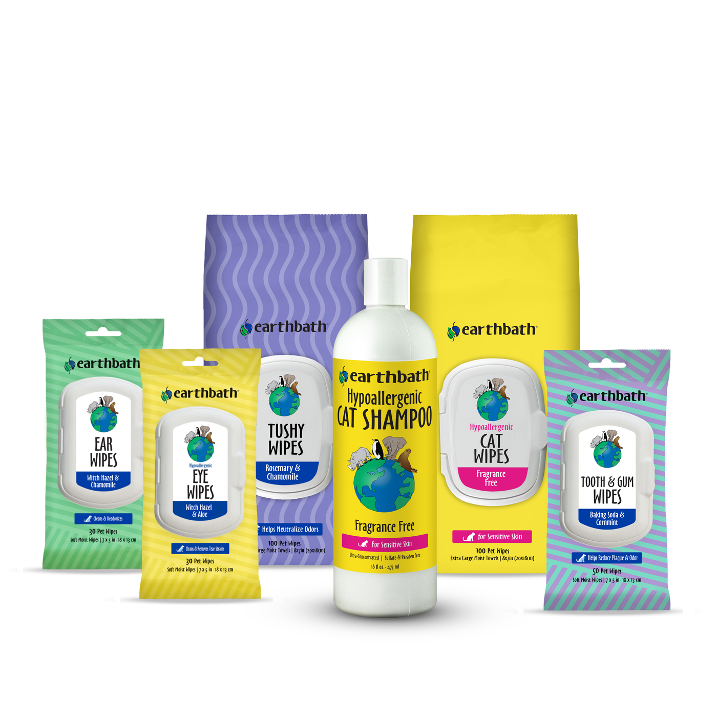 Collection of Earthbath pet care products including shampoo, wipes, and bags on a white background.