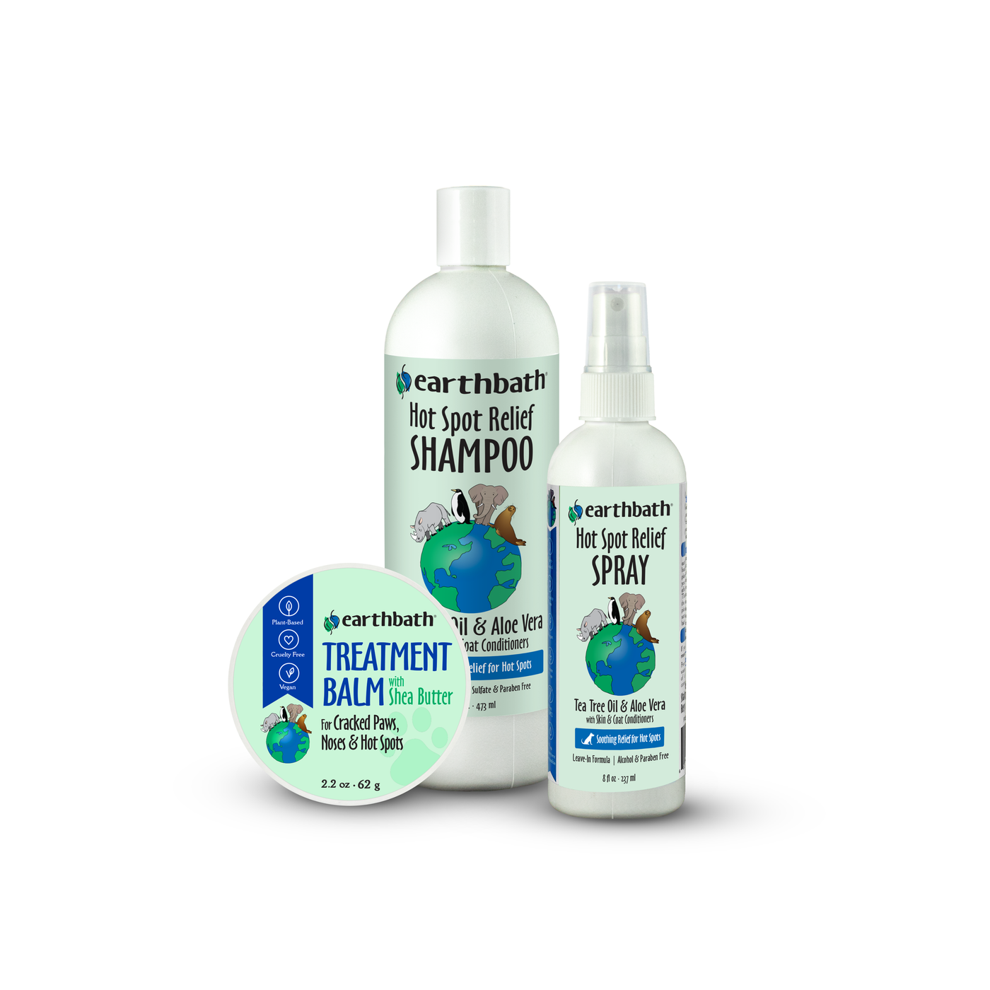 Earthbath pet care product set including shampoo, spray, balm, and conditioner on a white background