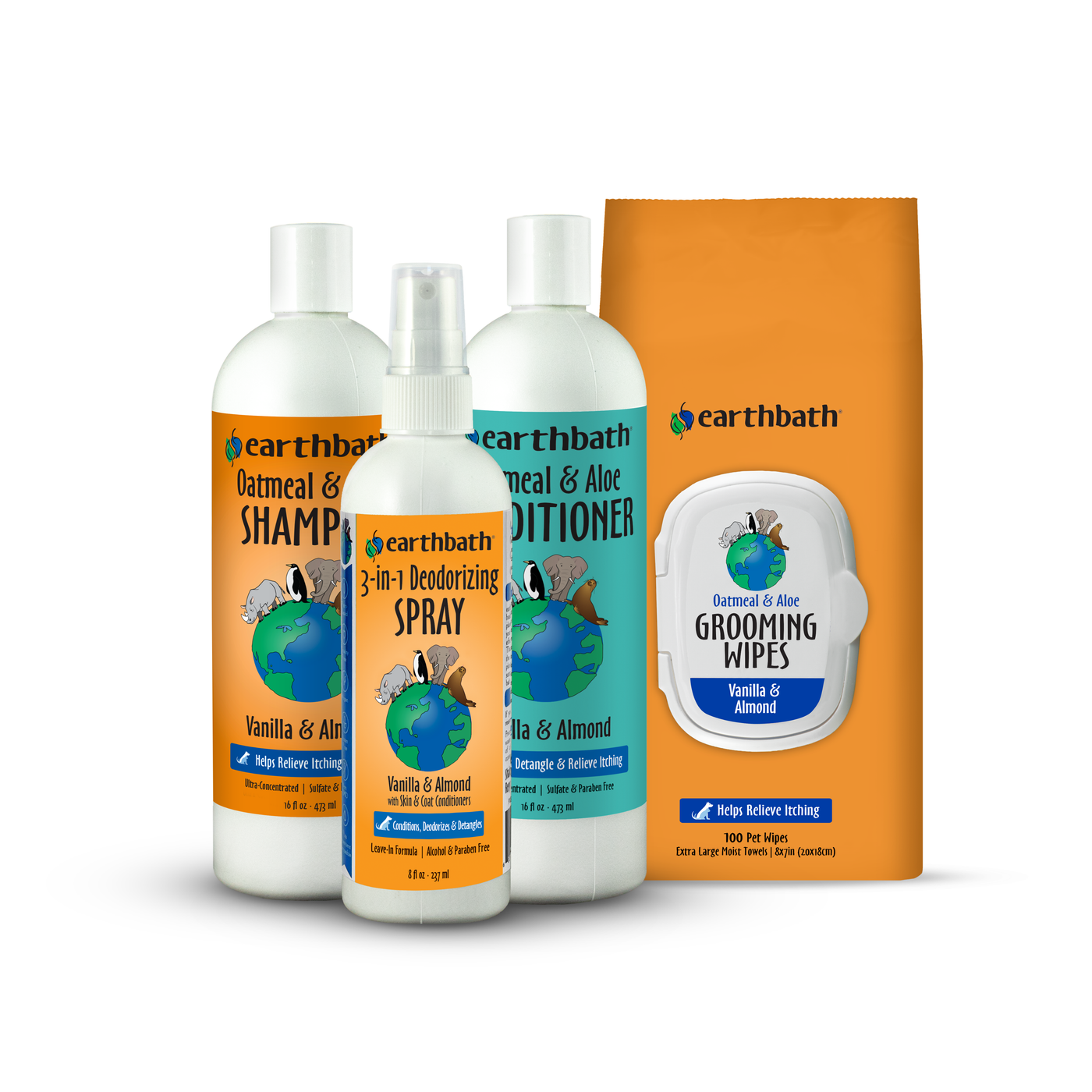 Earthbath pet care product set including shampoo, conditioner, spray, and wipes on a white background