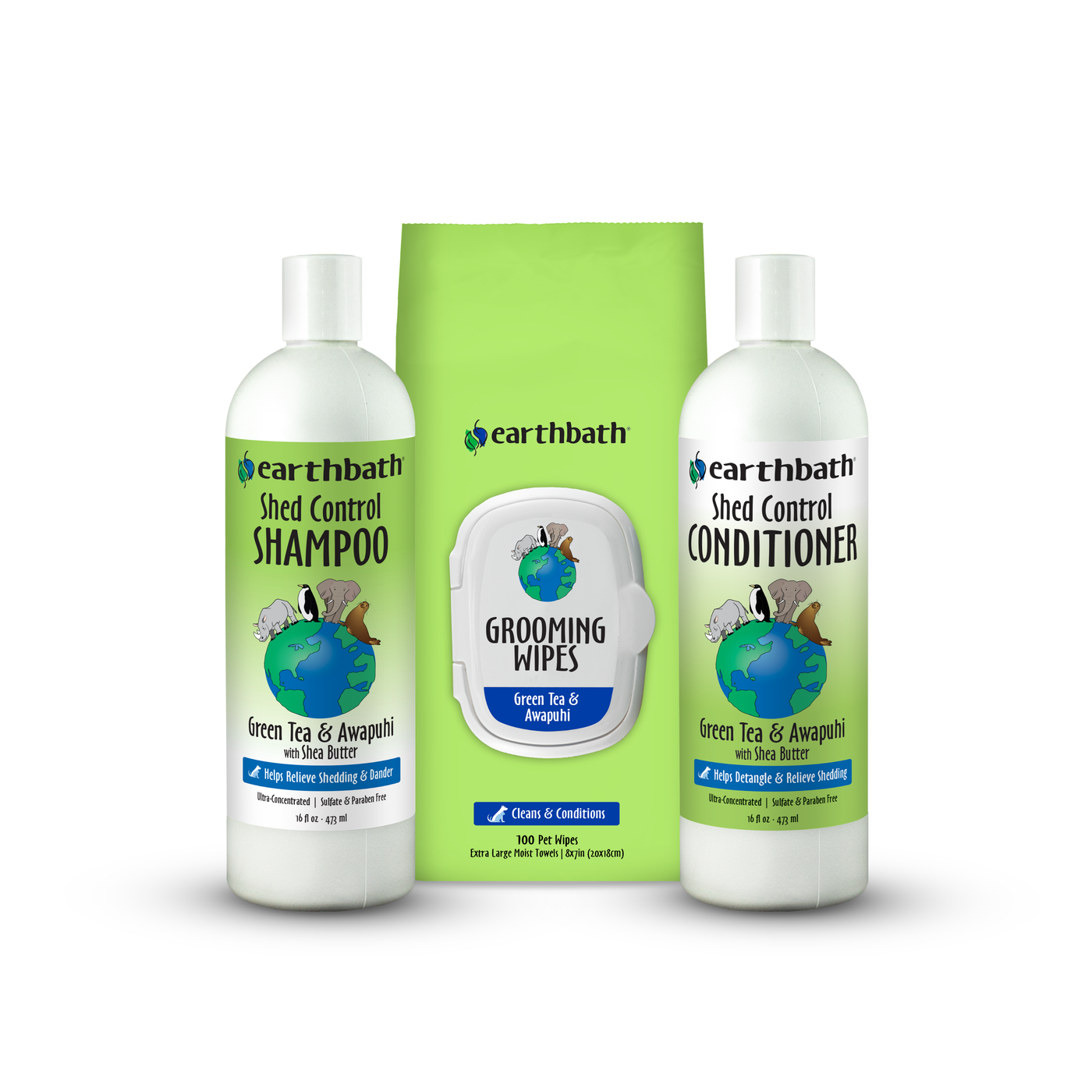 earthbath pet care products including shampoo, conditioner, and wipes on a white background