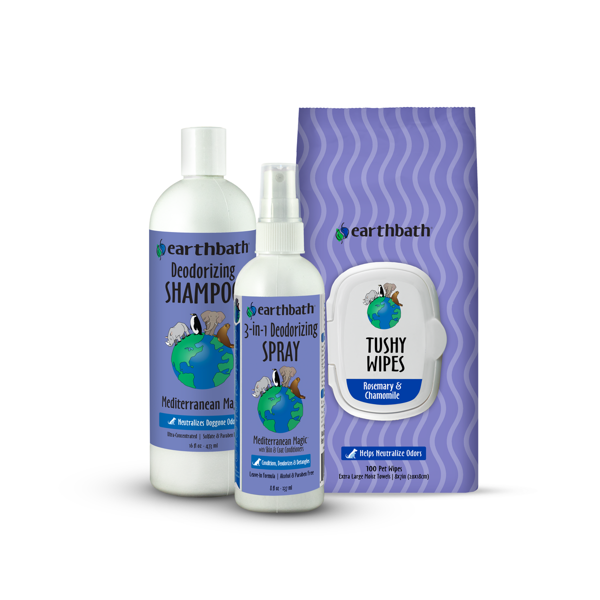 Earthbath pet care products including shampoo, spray, and wipes on a white background