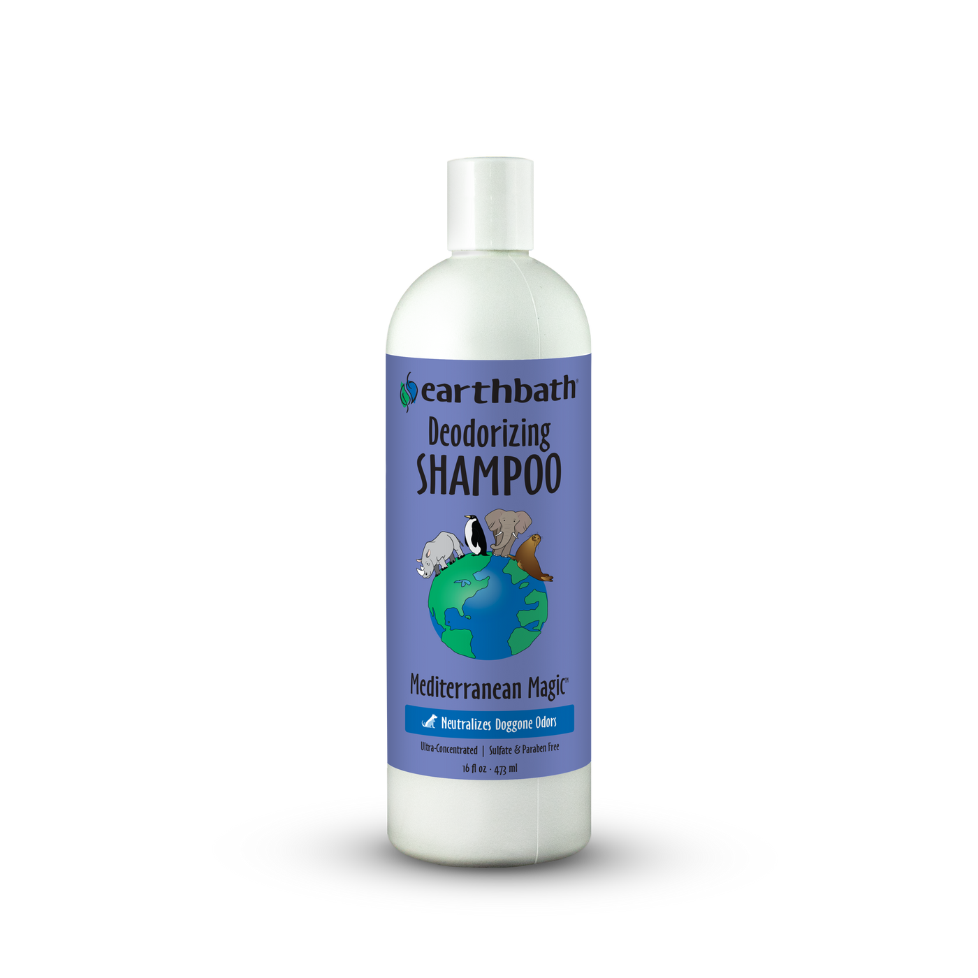 Bottle of Earthbath deodorizing shampoo on a white background