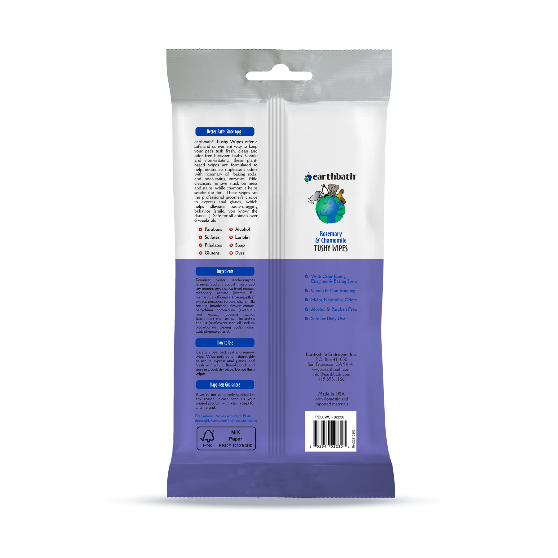 earthbath® Tushy Wipes, Rosemary & Chamomile Odor-Eating Enzymes & Baking Soda, 30 ct plant-based wipes in re-sealable pouch