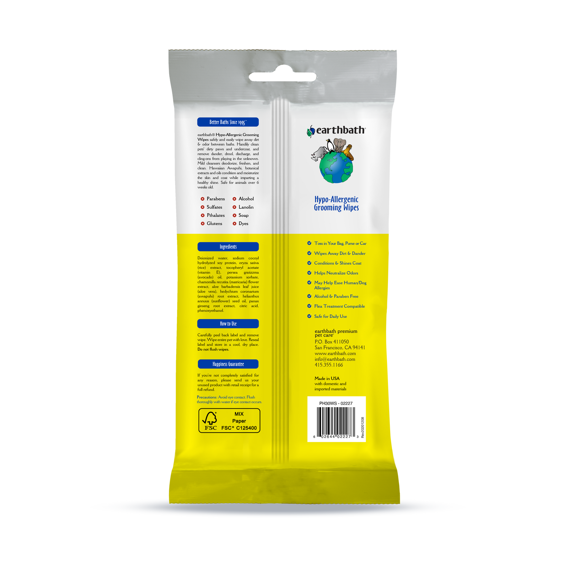 earthbath® Hypo-Allergenic Grooming Wipes, Fragrance Free, Cleans & Conditions, 30 ct plant-based wipes in re-sealable pouch