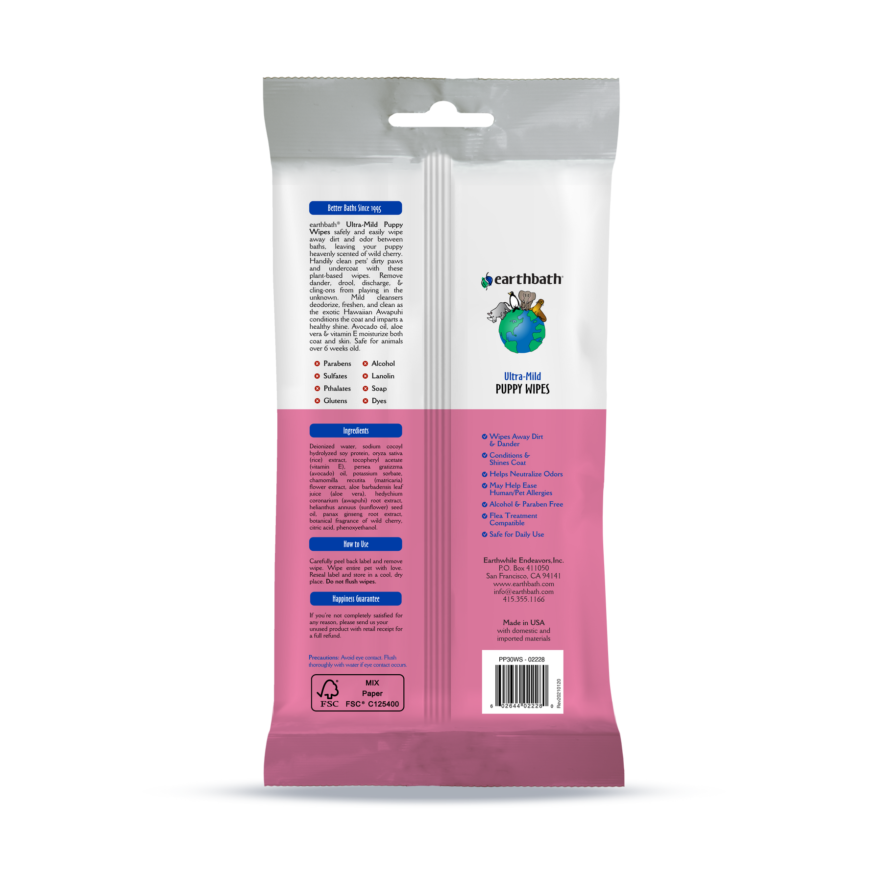 earthbath® Ultra-Mild Puppy Wipes, Wild Cherry, Cleans & Conditions, 30 ct plant-based wipes in re-sealable pouch
