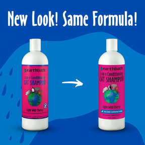 Two bottles of Earthbath 2-in-1 Conditioning Cat Shampoo on a blue background with text 'New Look! Same Formula!'.