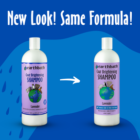 Two bottles of Earthbath Coat Brightening Shampoo on a blue background with text 'New Look! Same Formula!'.