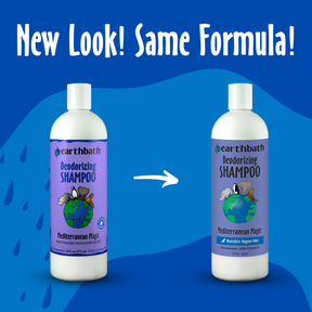 Two bottles of Earthbath Deodorizing Shampoo on a blue background with text 'New Look! Same Formula!'.