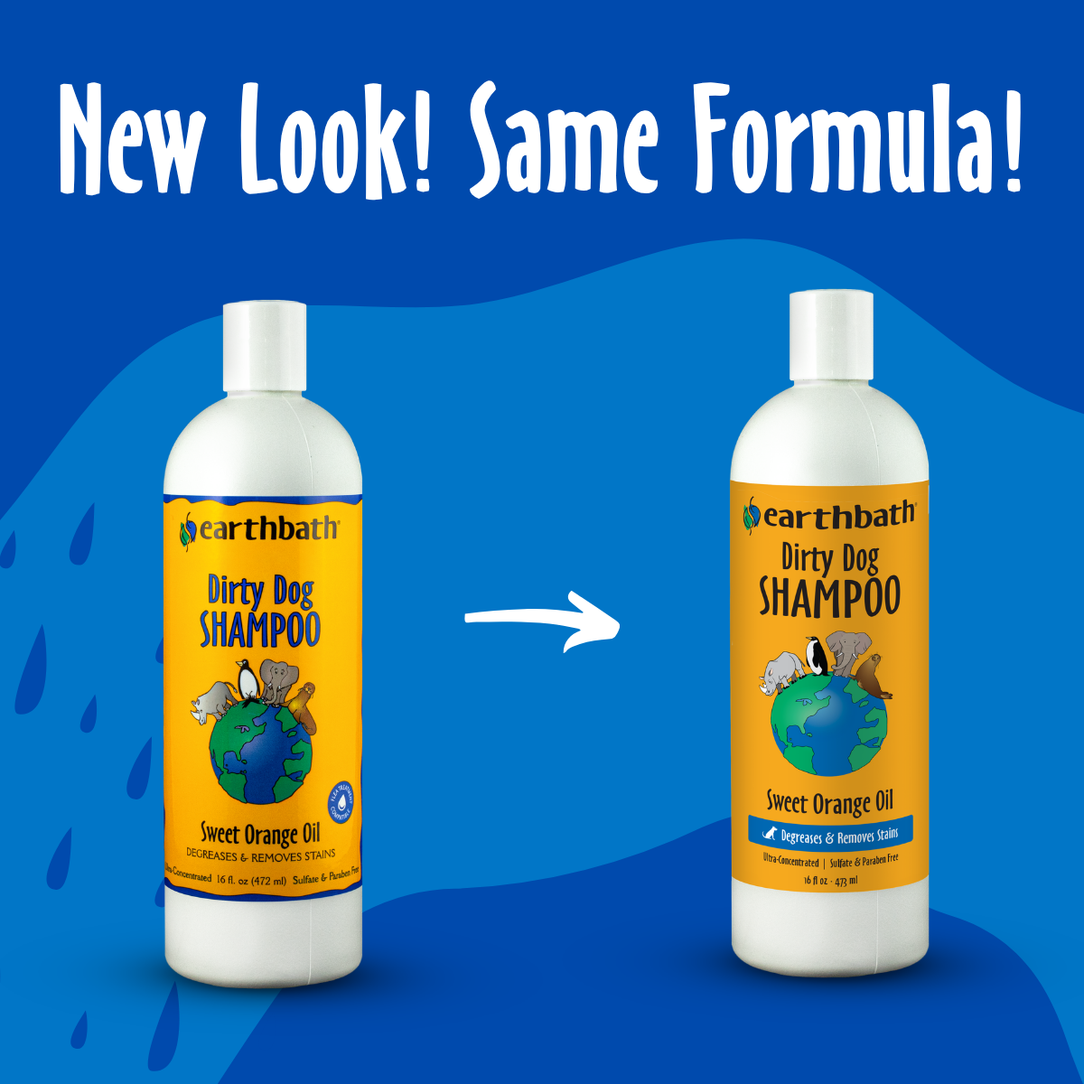 Two bottles of Earthbath Dirty Dog Shampoo on a blue background with text 'New Look! Same Formula!'.