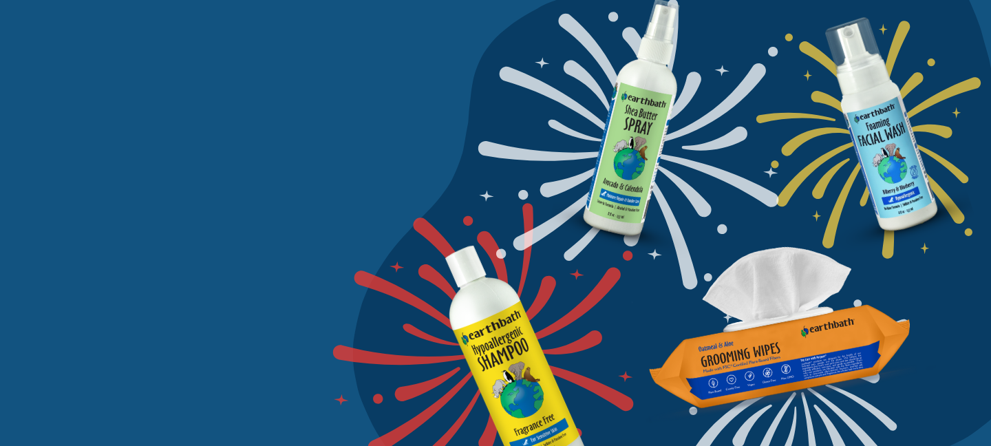 Bath & Body Works products including bottles and wipes on a blue background with fireworks.
