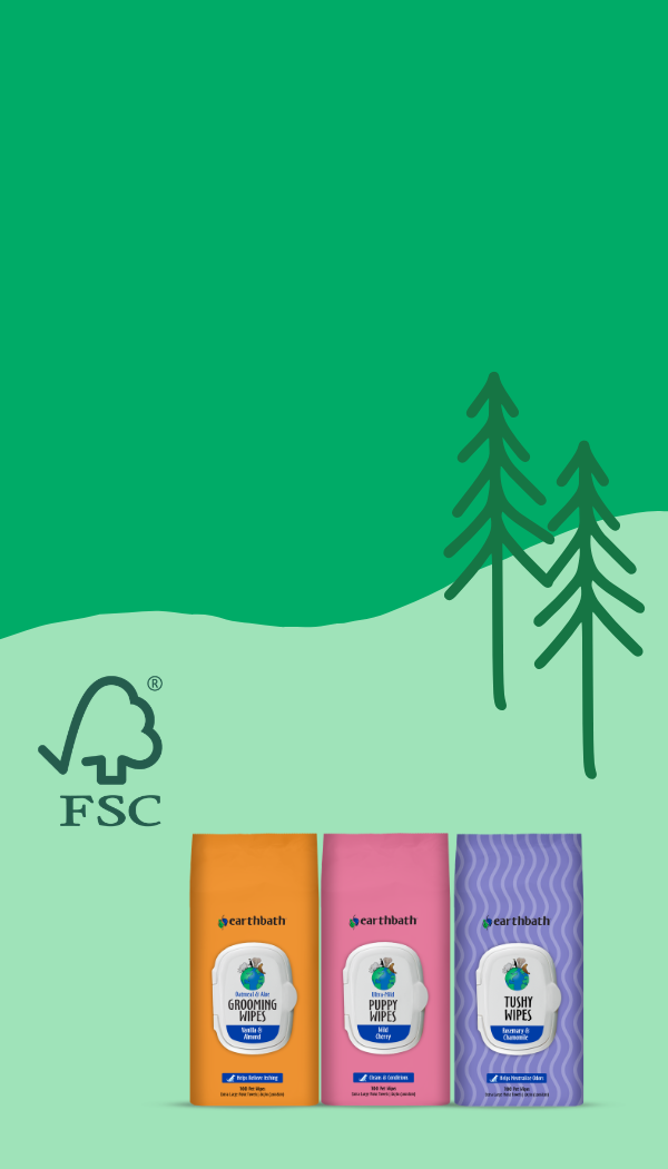 Three soft wipes packets in orange, pink, and purple are lined up against a green and light green background with simple tree illustrations and an FSC logo. The packets show the brand name Geartribal.