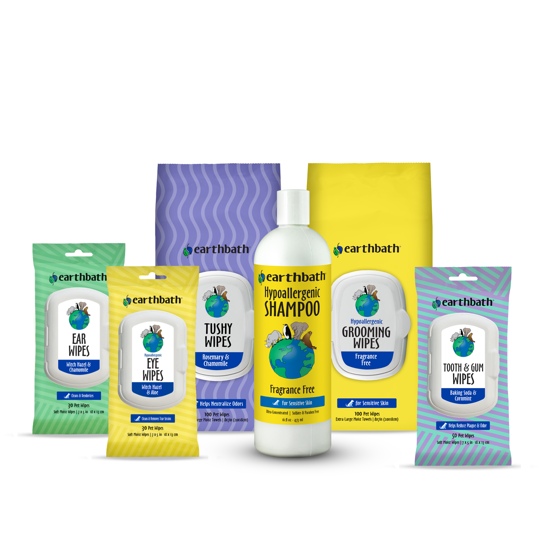 Collection of Earthbath pet care products including shampoo, wipes, and bags on a white background.