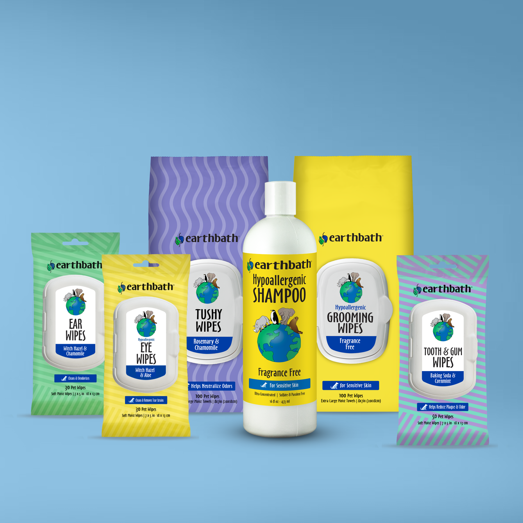 Collection of Earthbath pet care products on a blue background