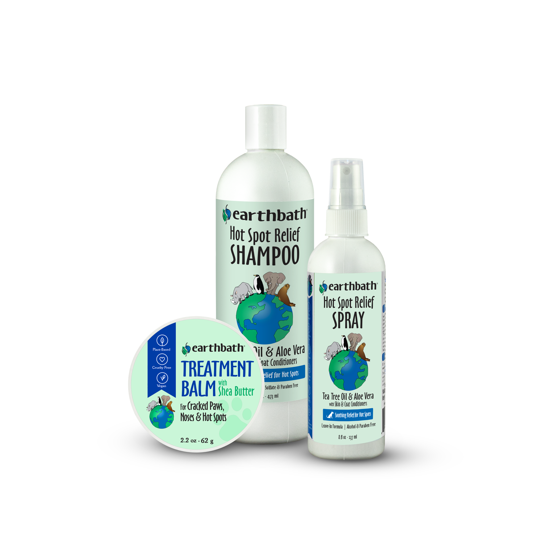 Earthbath pet care product set including shampoo, spray, balm, and conditioner on a white background