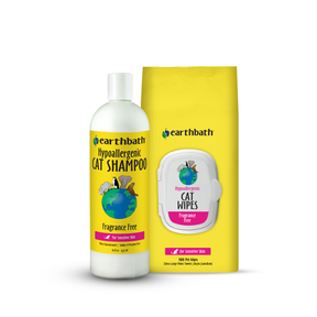 Earthbath hypoallergenic cat shampoo bottle and wipes packaging on a white background
