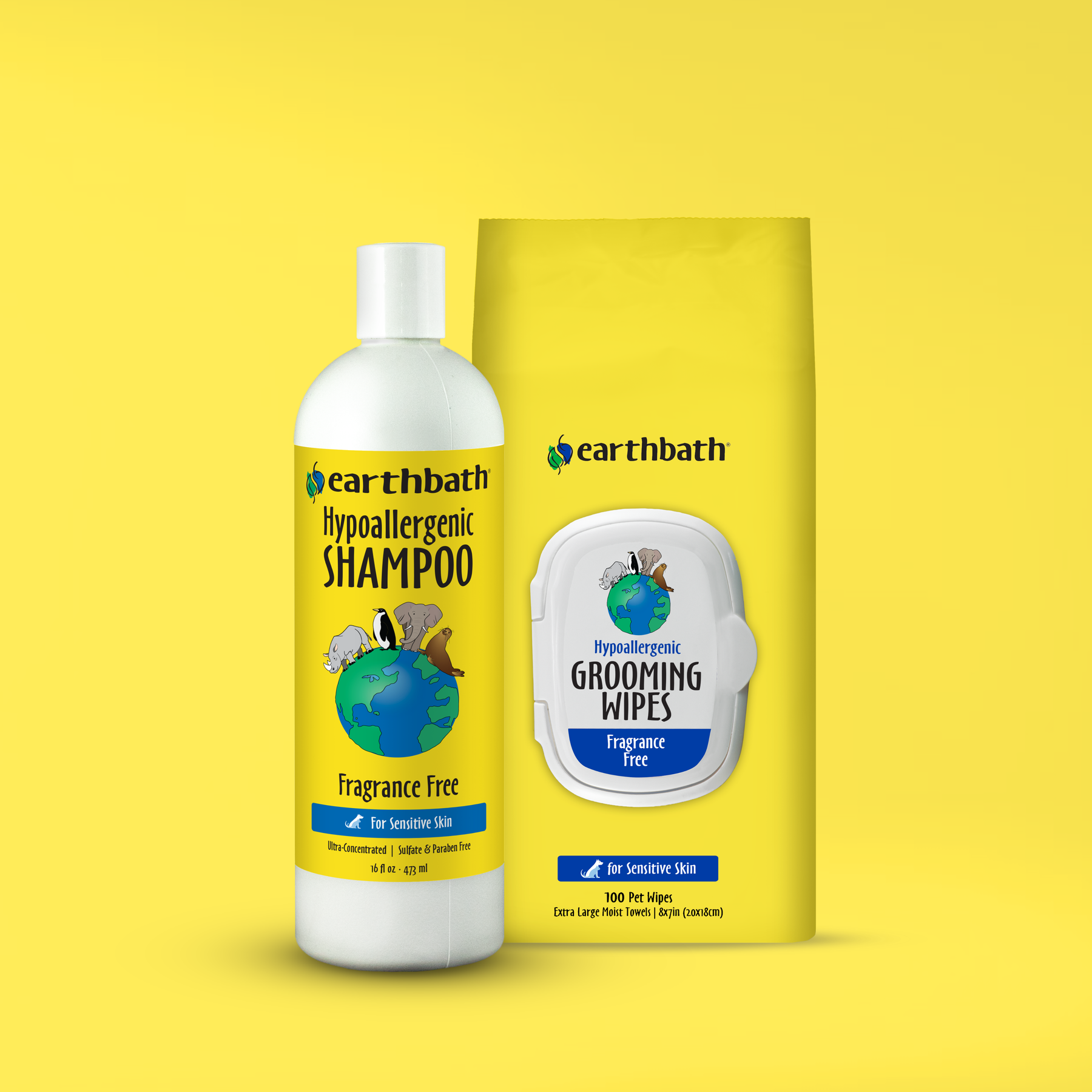 Earthbath shampoo bottle and wipes packaging on a yellow background