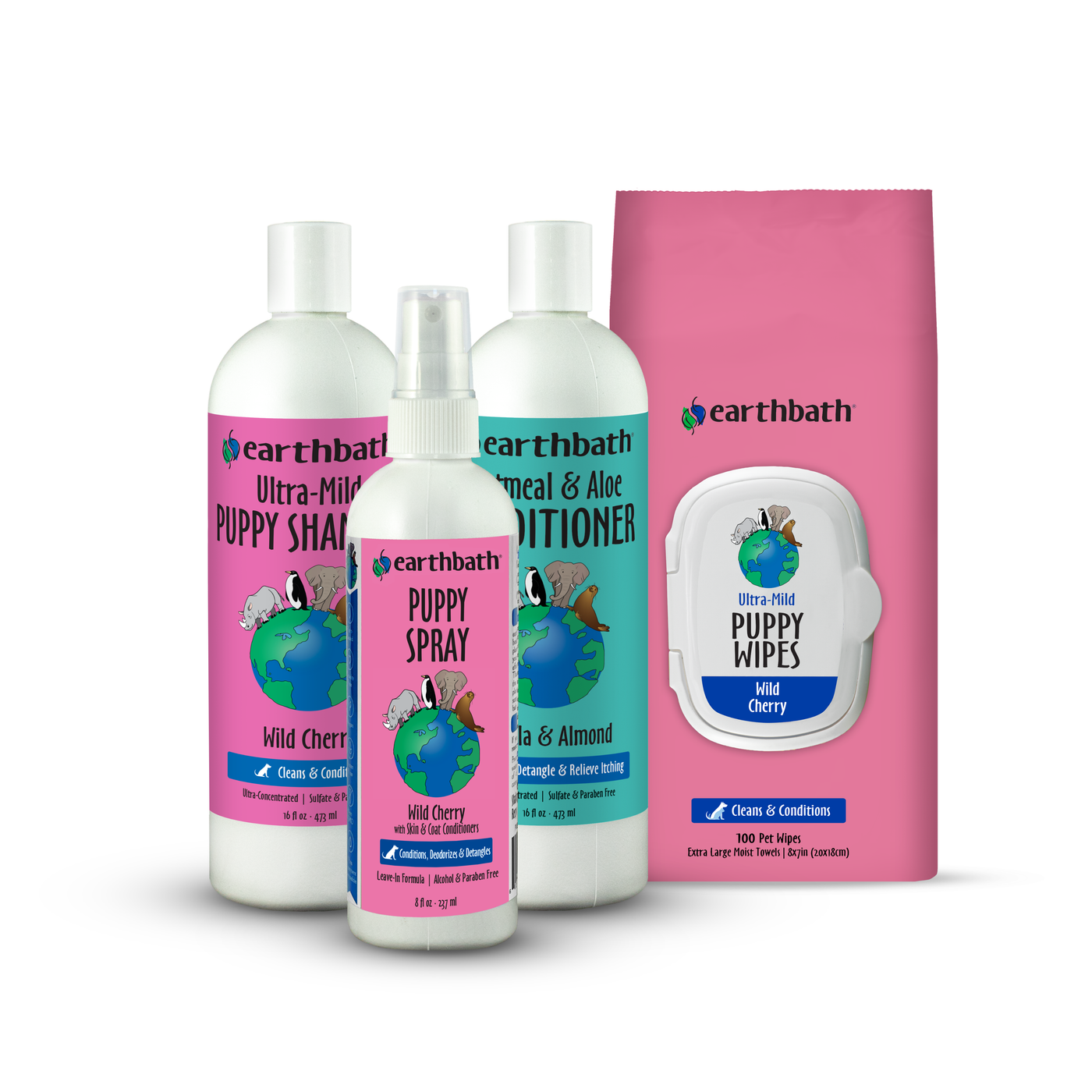 Collection of Earthbath pet care products including shampoo, spray, and wipes on a white background.