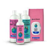 Collection of Earthbath pet care products including shampoo, spray, and wipes on a white background.