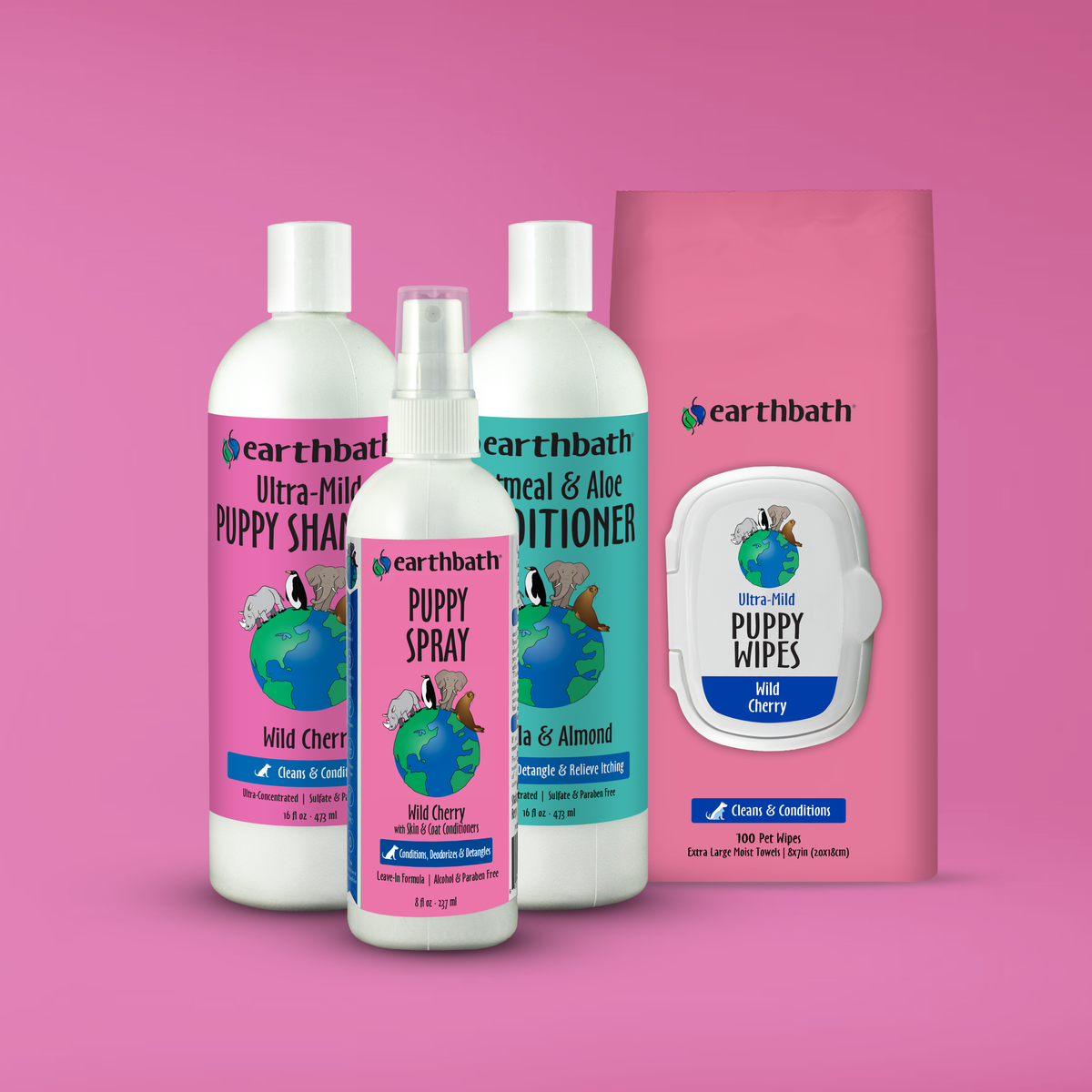 Earthbath pet care products including shampoo, spray, conditioner, and wipes on a pink background