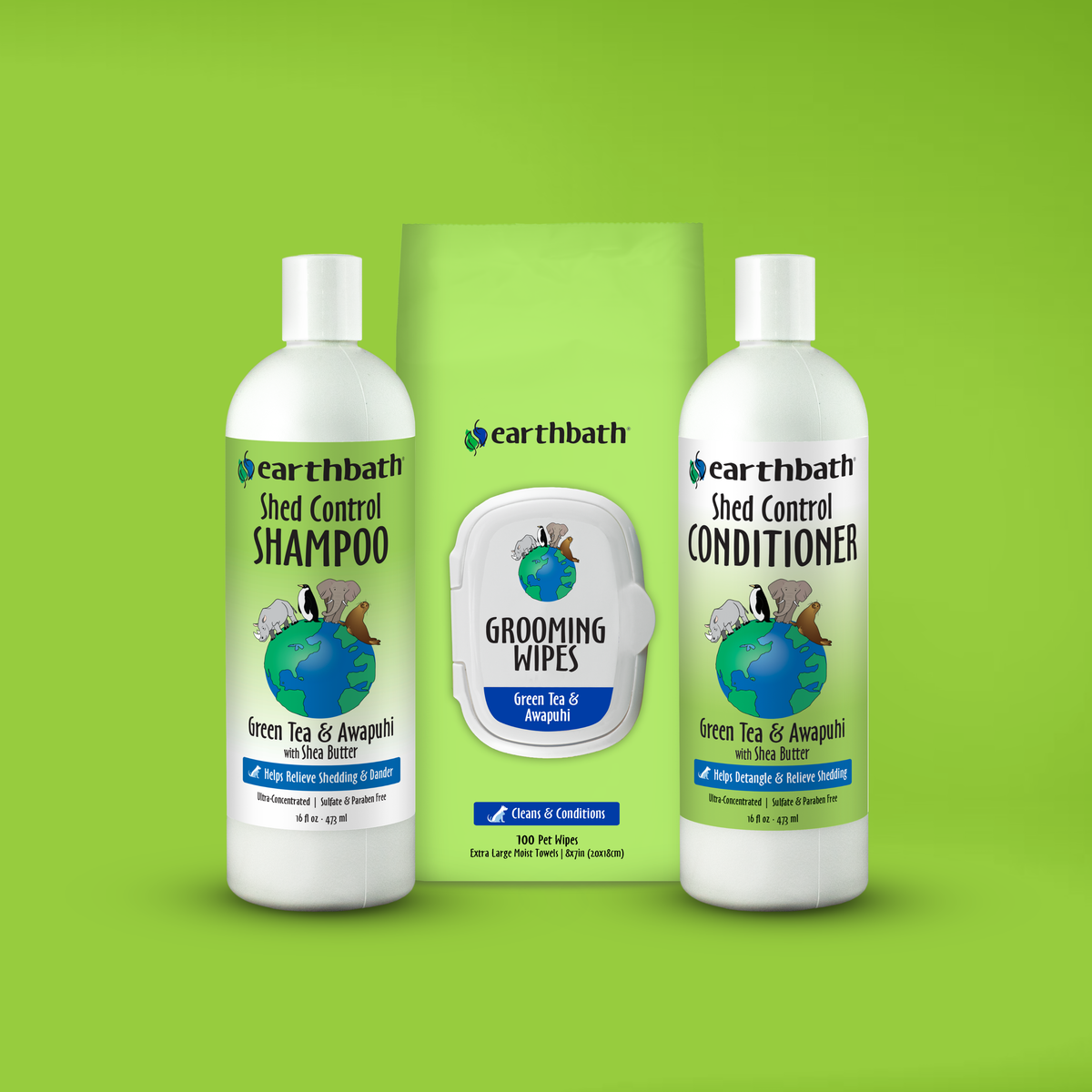 earthbath pet care products including shampoo, conditioner, and wipes on a green background