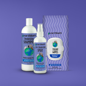 earthbath pet care products including shampoo, spray, and wipes on a purple background