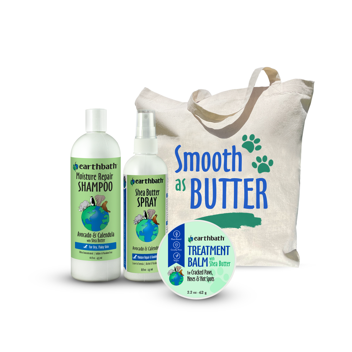 Earthbath pet grooming kit featuring Moisture Repair Shampoo, Oca Butter Spray, and Treatment Balm with a matching 'Smooth as BUTTER' canvas tote bag, displayed on a white background.