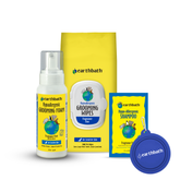 Earthbath pet grooming products including foam, wipes, shampoo, and a tag on a white background
