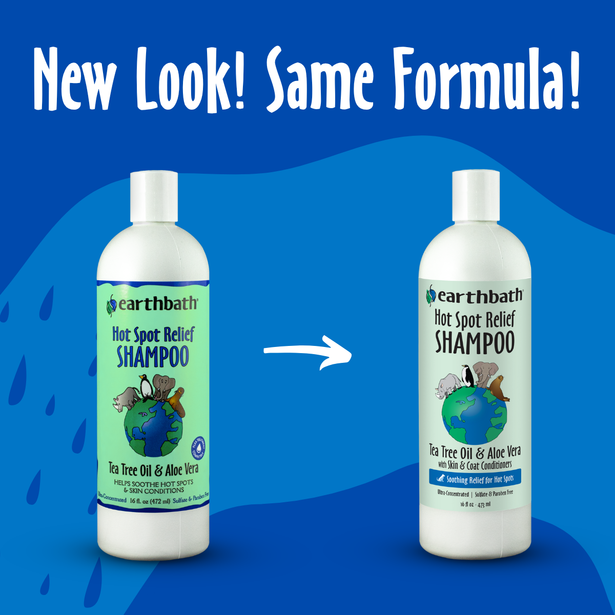 Two bottles of Earthbath Hot Spot Relief Shampoo on a blue background with text 'New Look! Same Formula!'.