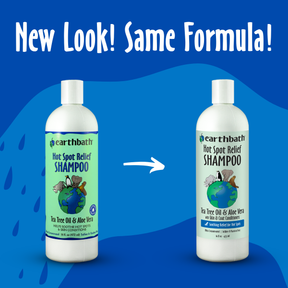 Two bottles of Earthbath Hot Spot Relief Shampoo on a blue background with text 'New Look! Same Formula!'.