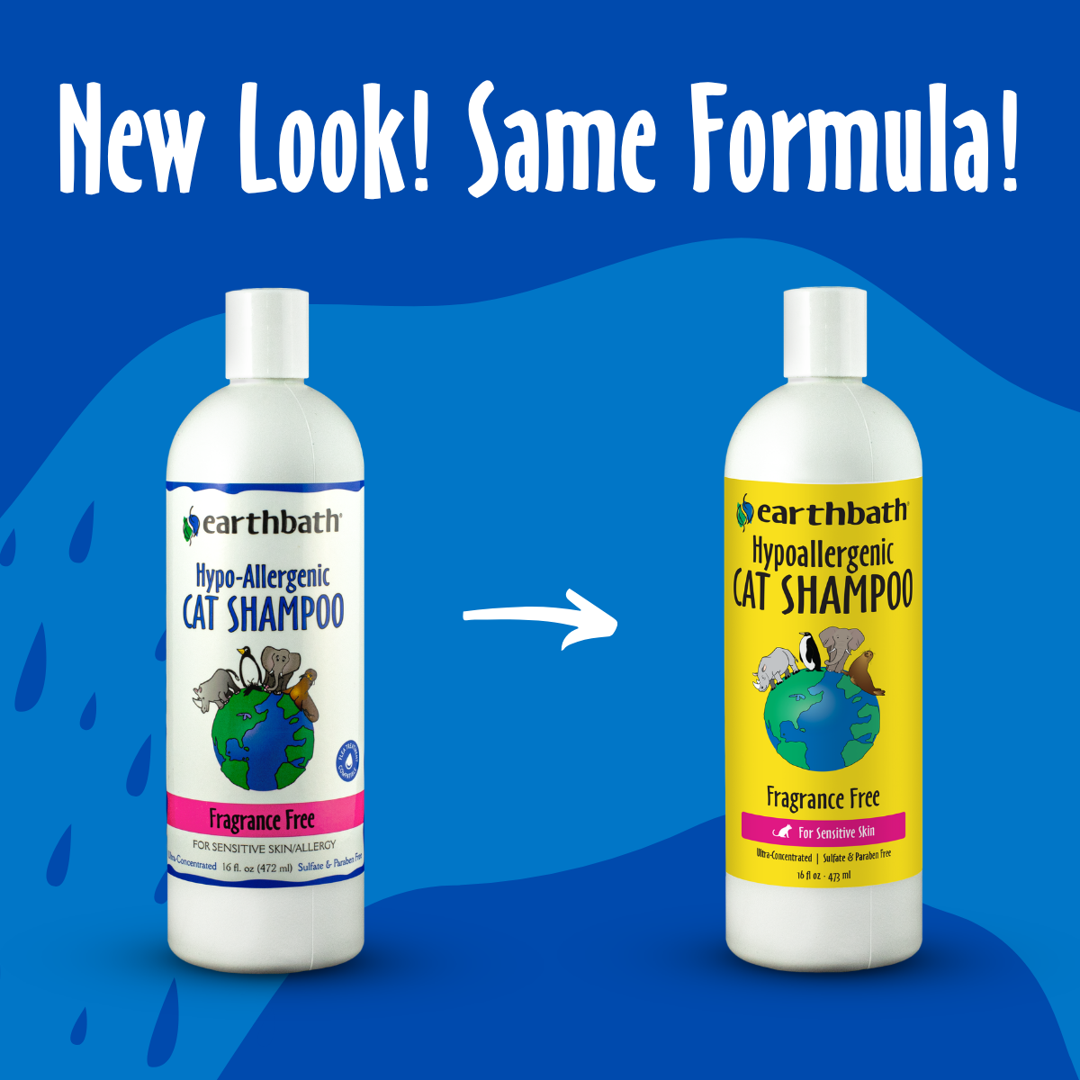 Two bottles of Earthbath hypoallergenic cat shampoo on a blue background with text 'New Look! Same Formula!'.