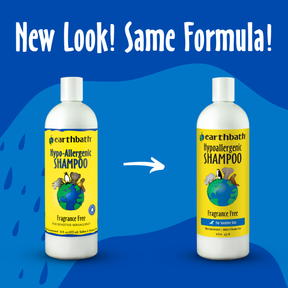 Two bottles of Earthbath Hypo-Allergenic Shampoo on a blue background with text 'New Look! Same Formula!'.