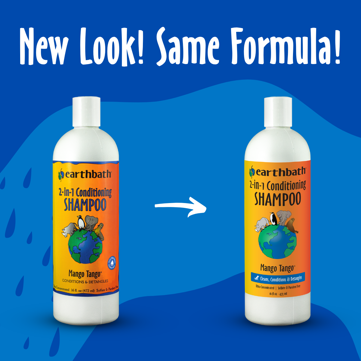 Two bottles of Earthbath 2-in-1 Conditioning Shampoo on a blue background with text 'New Look! Same Formula!'.