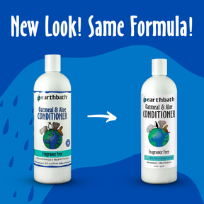 Two bottles of Earthbath Oatmeal & Aloe Conditioner on a blue background with text 'New Look! Same Formula!'.