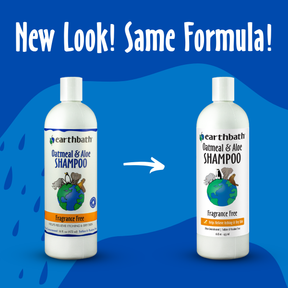 Two bottles of Earthbath Oatmeal & Aloe Shampoo on a blue background with text 'New Look! Same Formula!'.