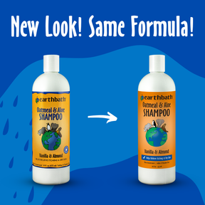 Two bottles of Earthbath Oatmeal & Aloe Shampoo on a blue background with text 'New Look! Same Formula!'.