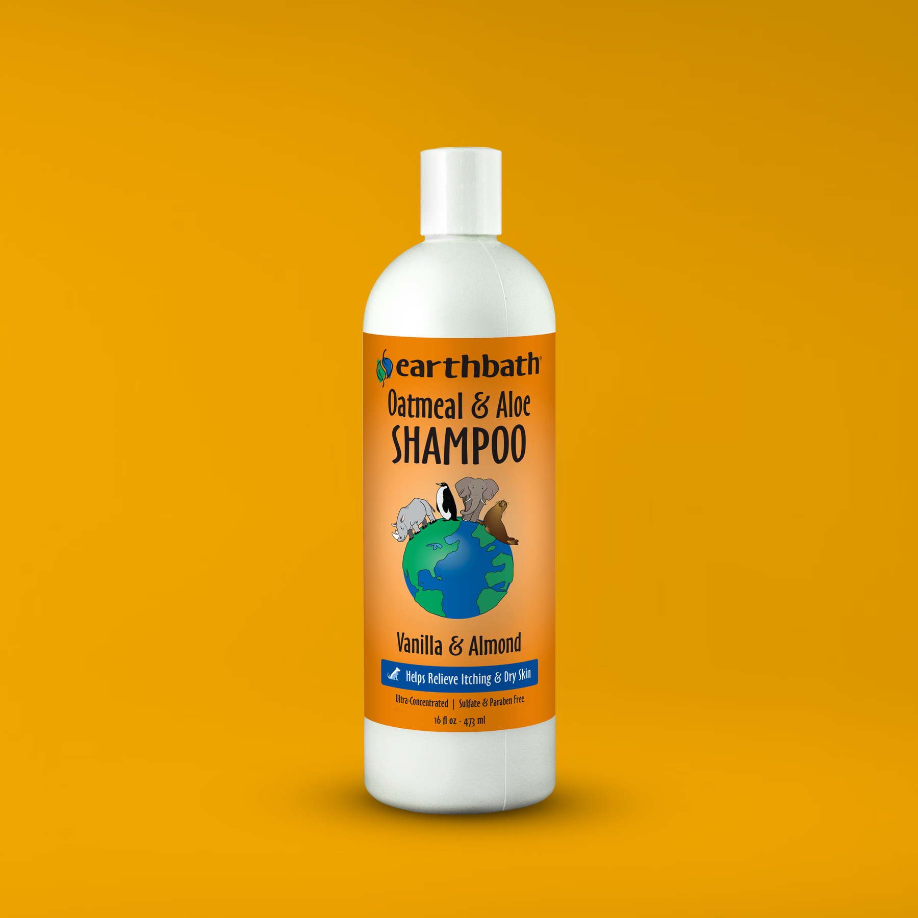 Earthbath Oatmeal & Aloe Shampoo bottle on an orange background