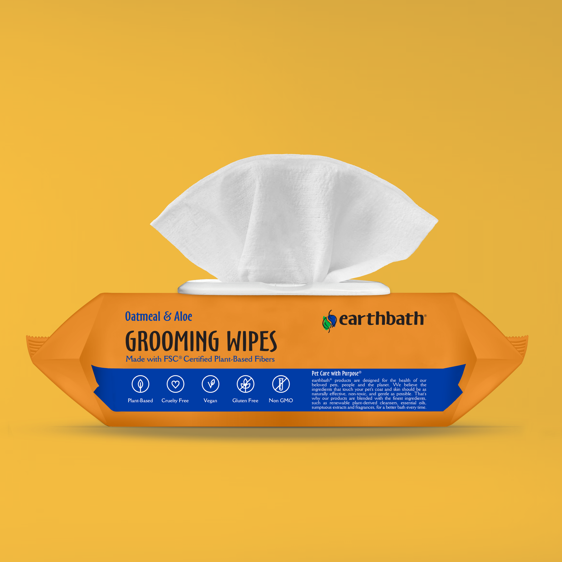 Pack of Earthbath grooming wipes on a yellow background