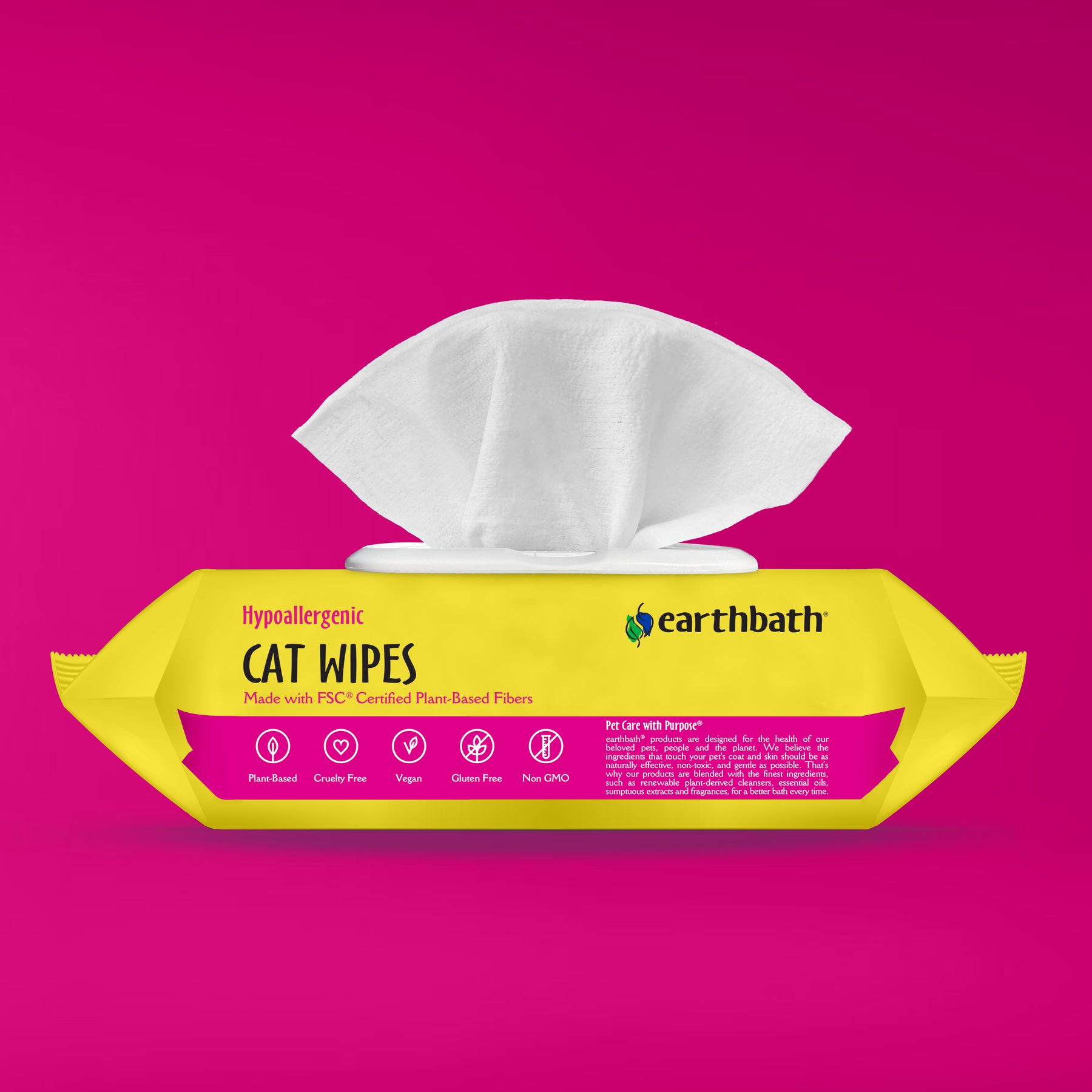 Earthbath cat wipes packaging on a pink background