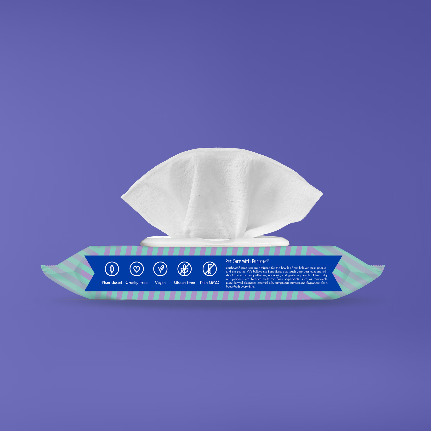 earthbath wipes pack with white wipe popping out on a purple background