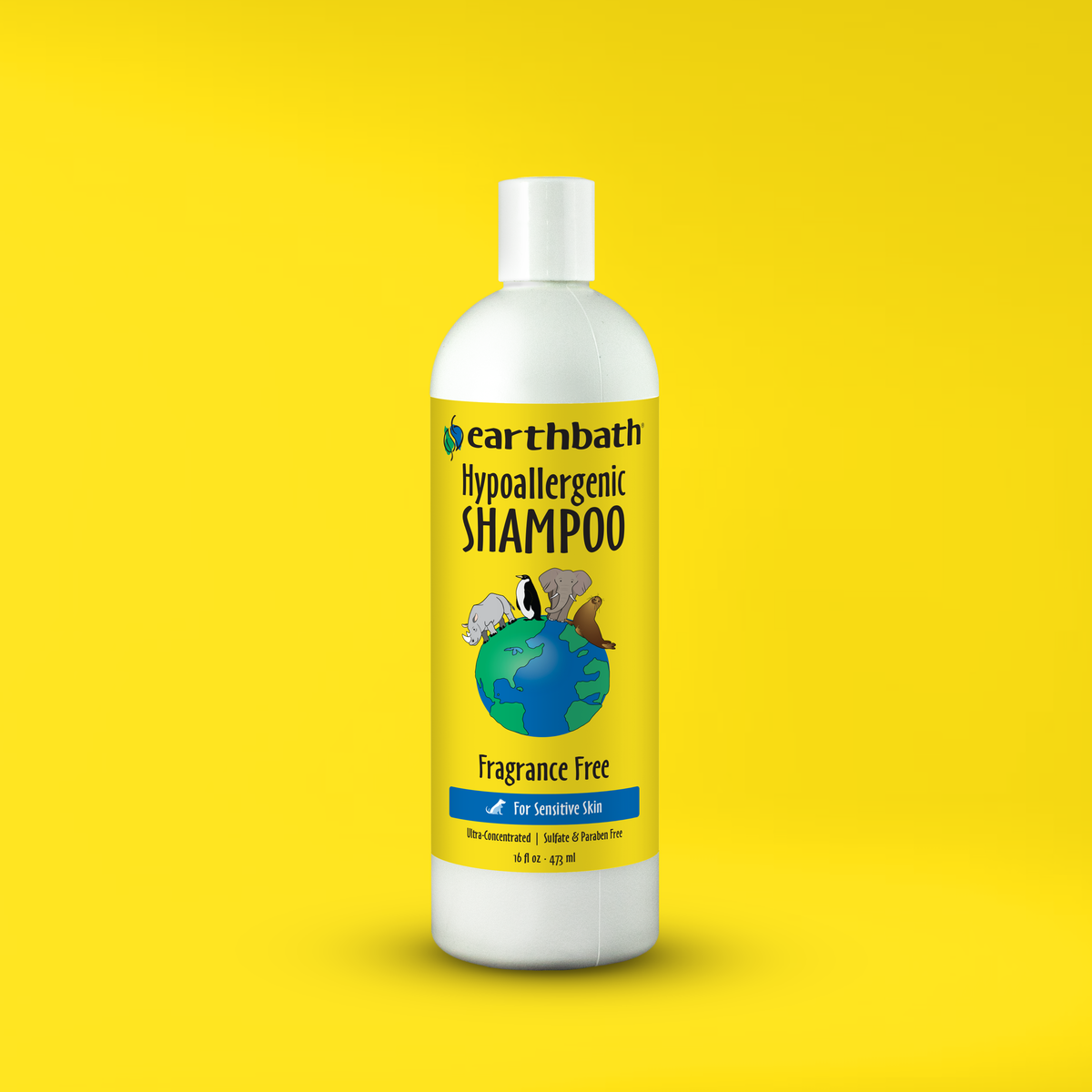 Earthbath hypallergenic shampoo bottle on a yellow background