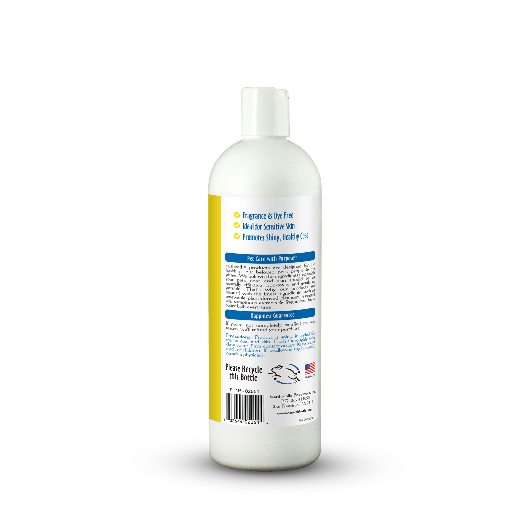 Bottle of pet shampoo with label on a white background