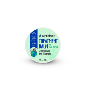 A container of earthbath Treatment Balm with the label. The container is green and white with text and an image of a dog and a cat.
