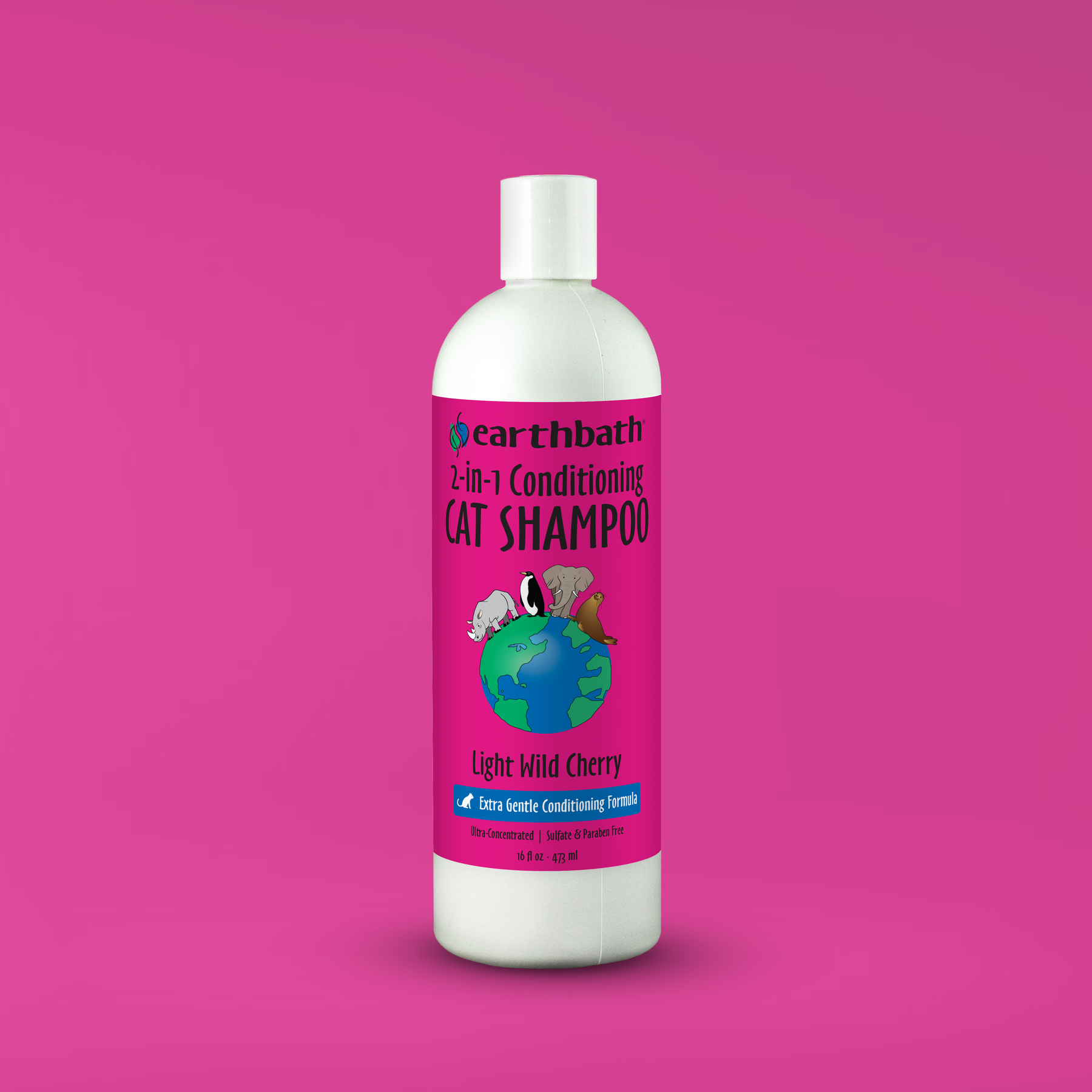 Bottle of Earthbath cat shampoo on a pink background