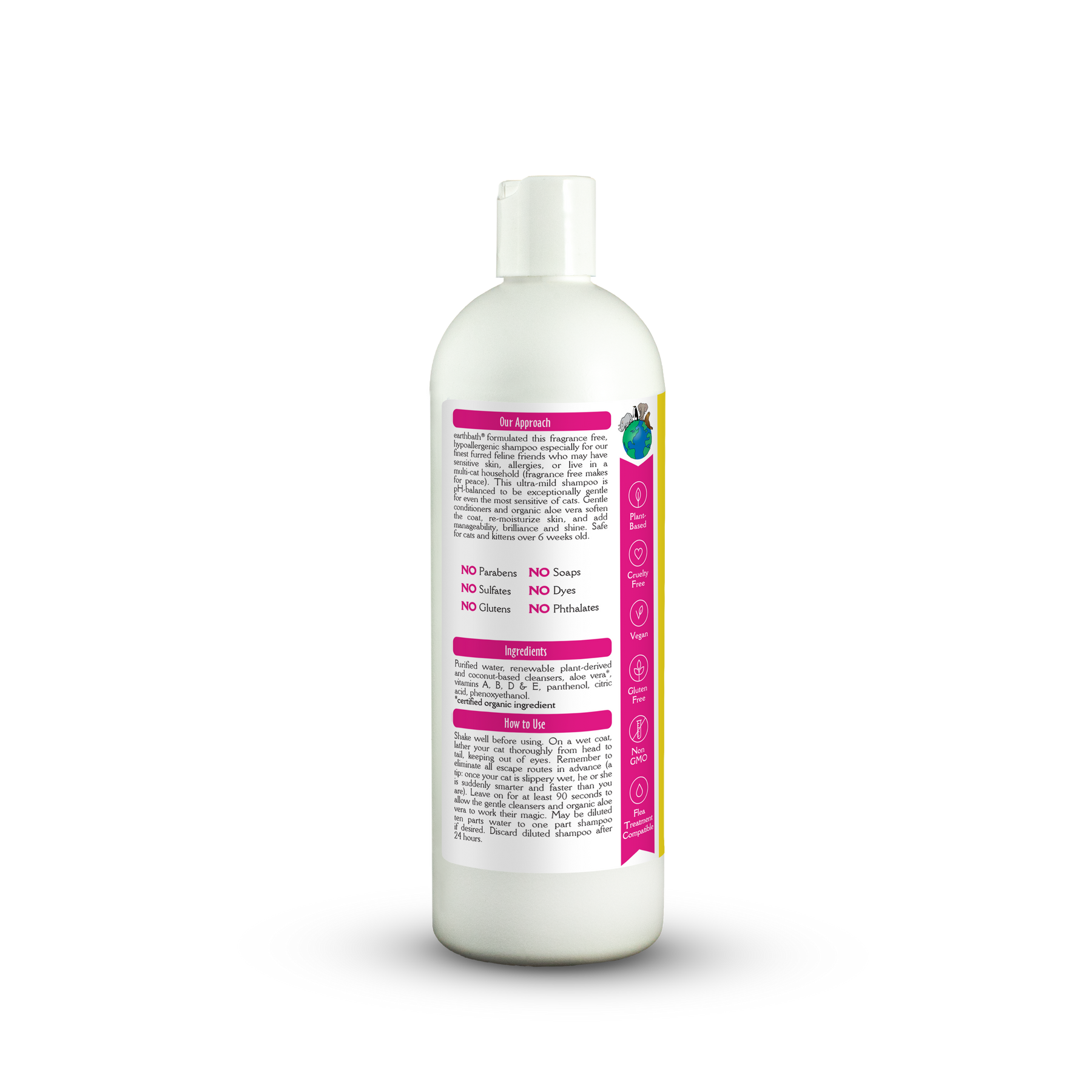 White bottle with a pink label on a white background