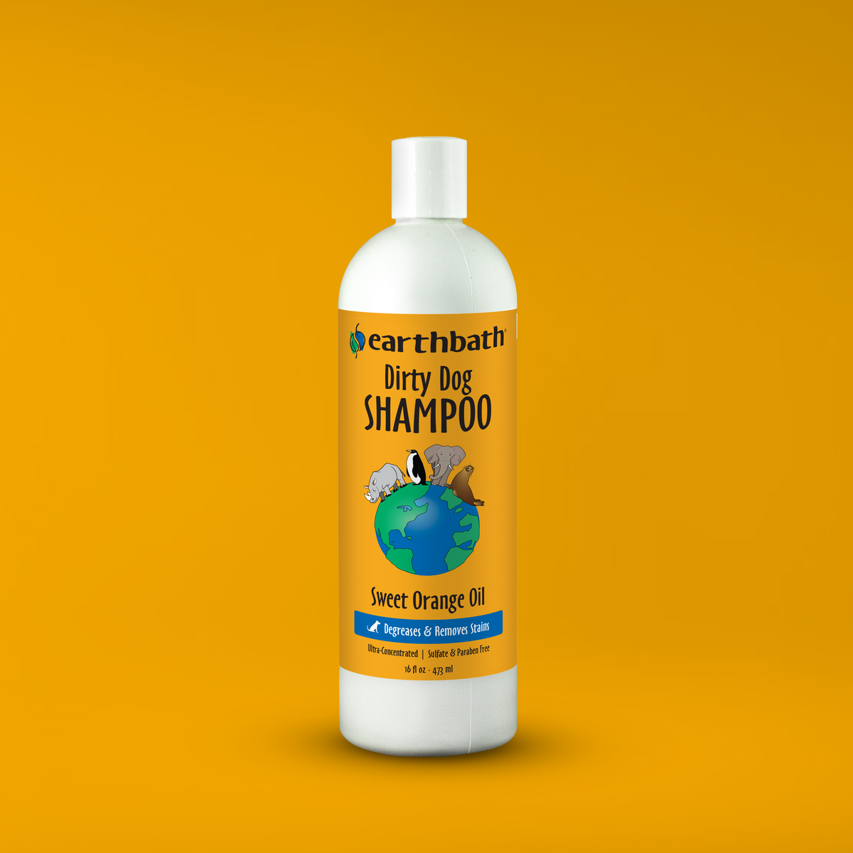Earthbath Dirty Dog Shampoo bottle on an orange background