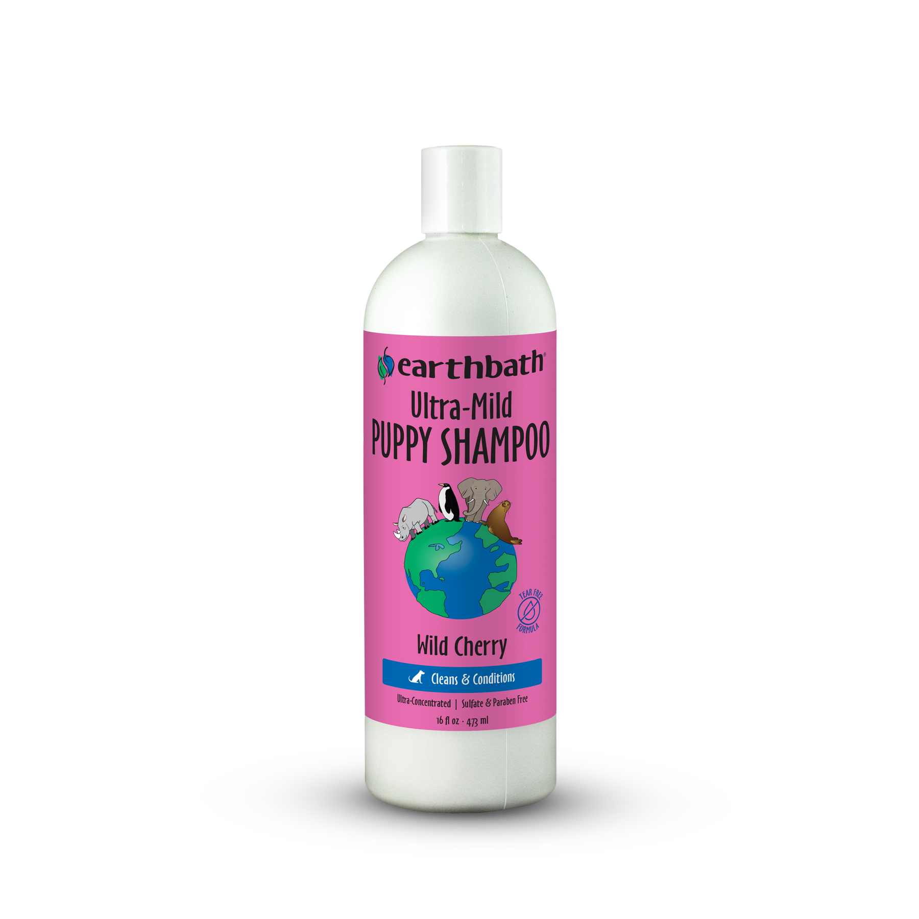 Bottle of Earthbath Ultra-Mild Puppy Shampoo with a pink label on a white background