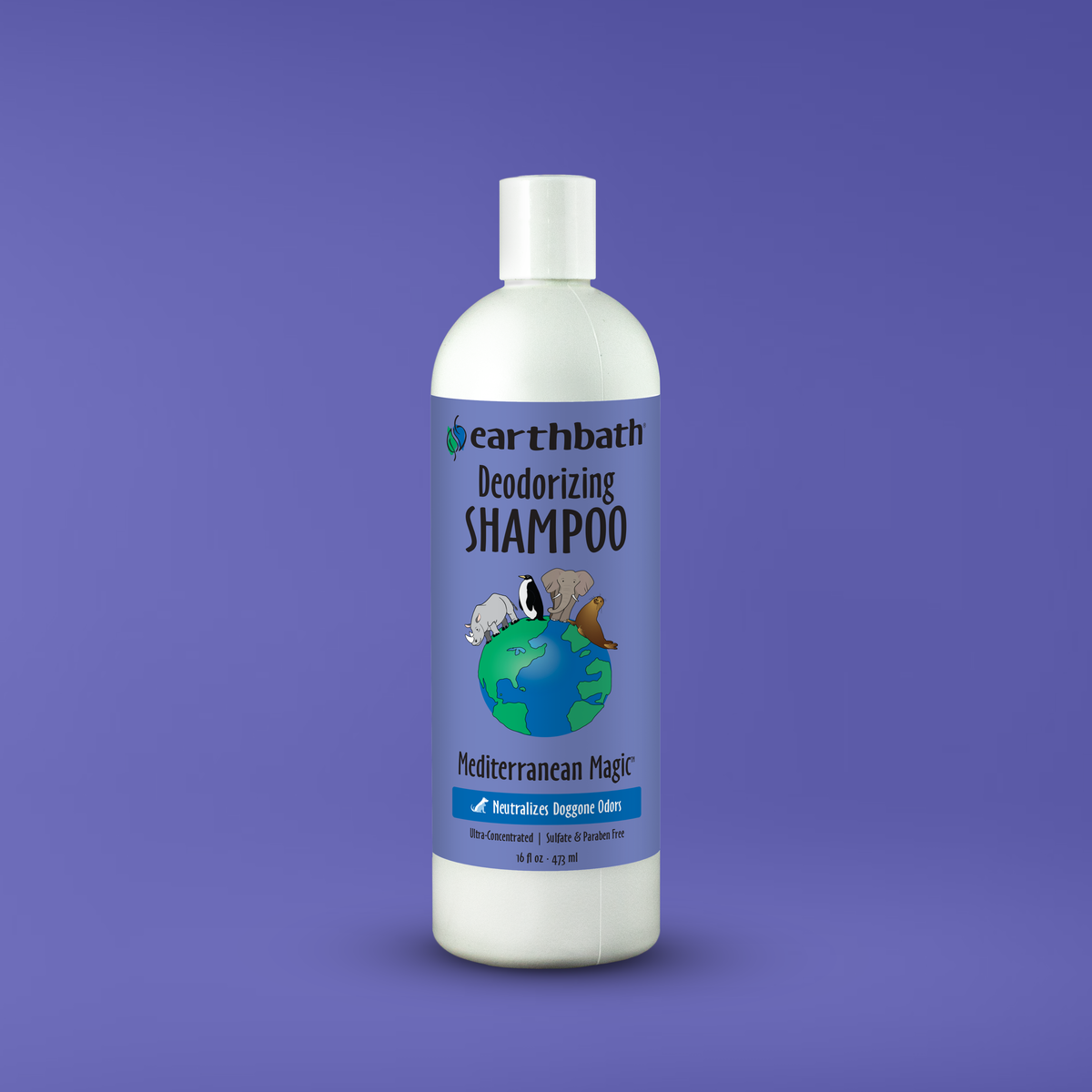 Earthbath deodorizing shampoo bottle on a purple background