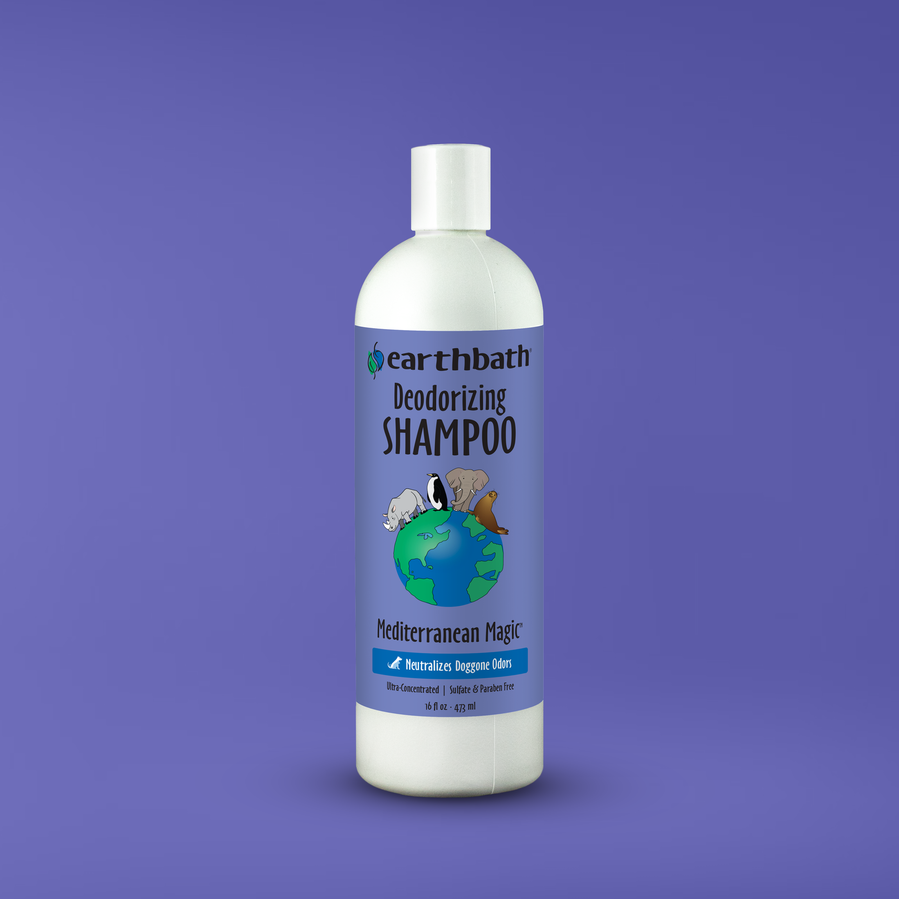 Earthbath deodorizing shampoo bottle on a purple background